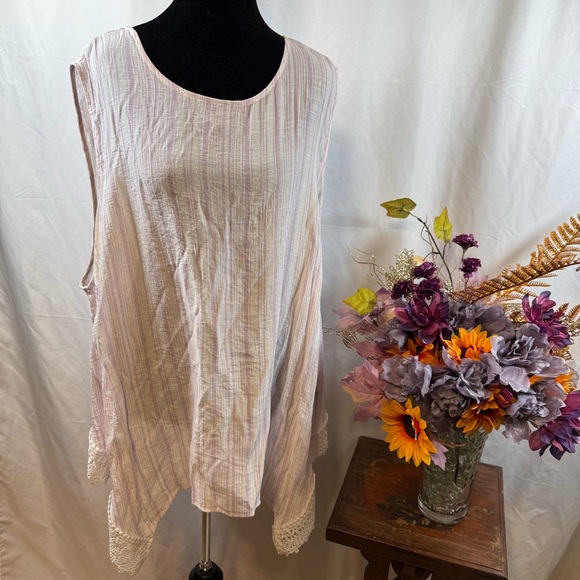 Zac & Rachel Tops - Zac & Rachel 3X Pastel Stripe Sleeveless Tunic Lace Hem Boho Top